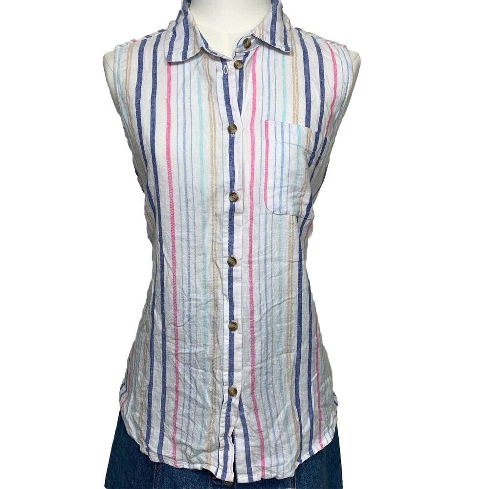 Time and Tru Sleeveless Button Down Women M White Multi Stripe Linen Blend Shirt